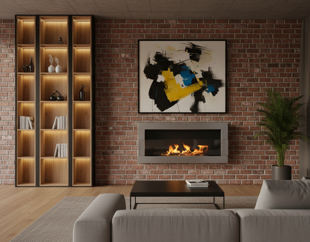 🧱 Minimal &amp; Loft – nowoczesny salon z biokominkiem Inox
