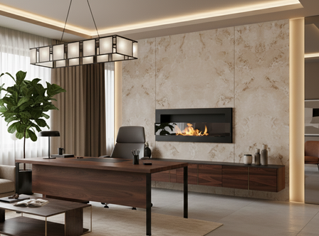 Biokominek 1200x400 czarny strukturalny z szybą – nowoczesne biuro z charakterem i klasą