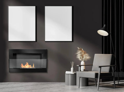Wall-hung bio-fireplace with glass 650×400, black gloss