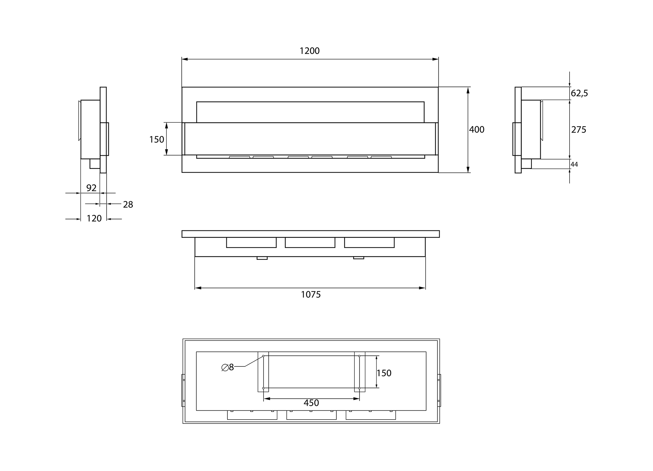 Biokominek wiszący z szybą 1200×400 czarny strukturalny mat