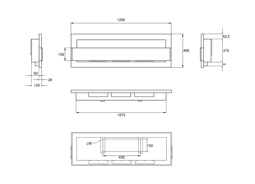 Biokominek wiszący z szybą 1200×400 czarny strukturalny mat