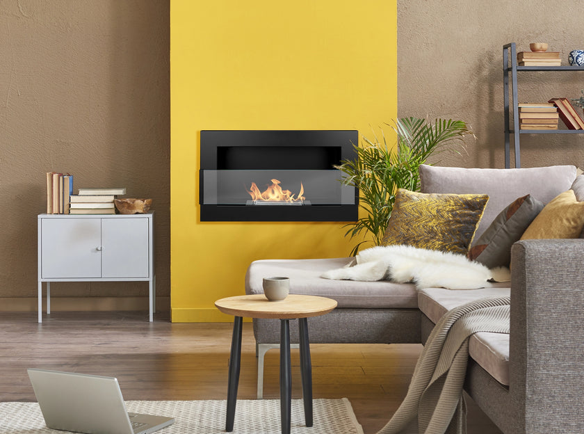 Wall-hung bio-fireplace with glass 650×400 BOX, black structured matt 