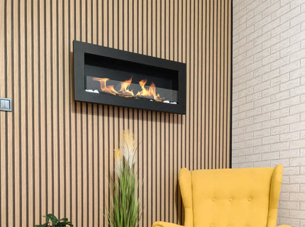 Wall-hung bio-fireplace with glass 900×400 Slim, black structured matt 