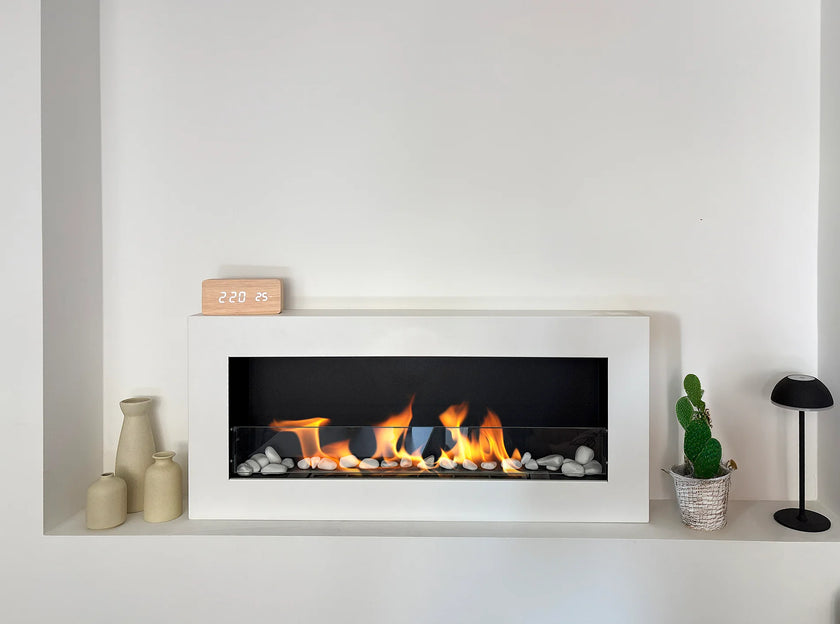 Biokominek wiszący z szybą 900×400 BOX biały strukturalny mat