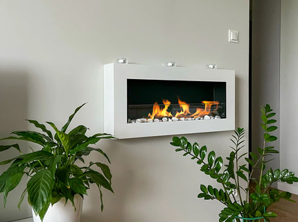 Wall-hung bio-fireplace with glass 900×400 BOX, white structured matt