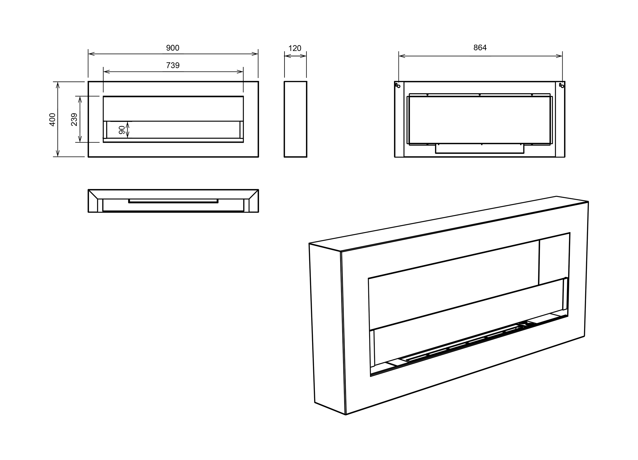 Biokominek wiszący z szybą 900×400 BOX biały strukturalny mat