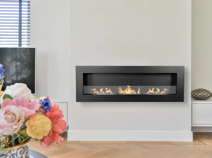 Wall-hung bio-fireplace with glass 1200×400 BOX black structural matt