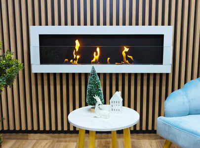 Wall-hung bio-fireplace with glass 1200×400, white gloss