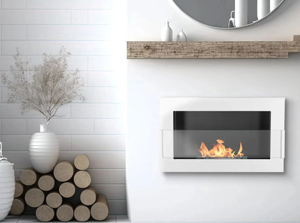 Wall-hung bio-fireplace with glass 650×400, white gloss