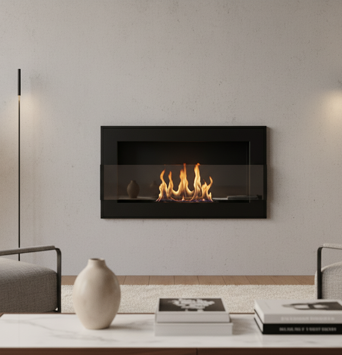 Biokominek wiszący z szybą 650×400 BOX czarny strukturalny mat